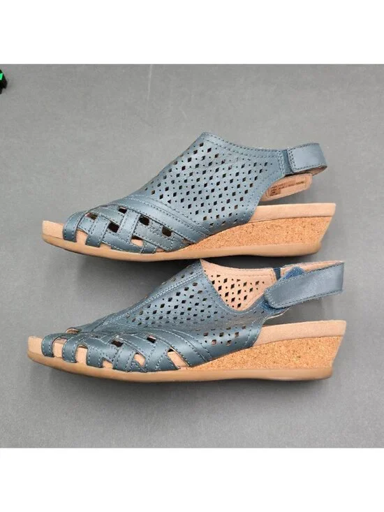 Earth Pisa Galli Blue Leather Wedge Sandals Size 7 Perforated Slingback - Picture 3 of 10